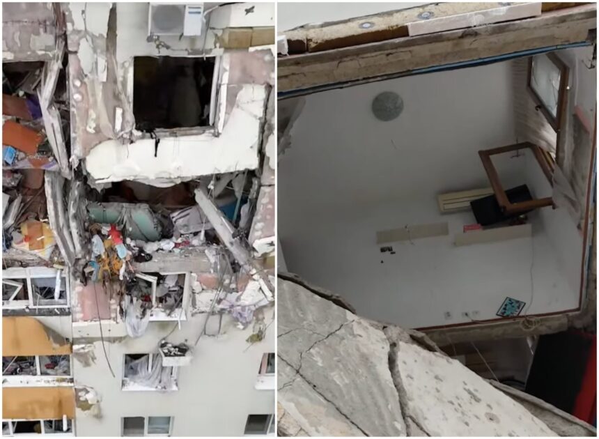 video un tablou cazut si perdele care falfaie printre ruine primele imagini din blocul explodat din rahova constructorul care l va pune in siguranta a intrat cu drona in apartamente 6a61bd8b1c4ca